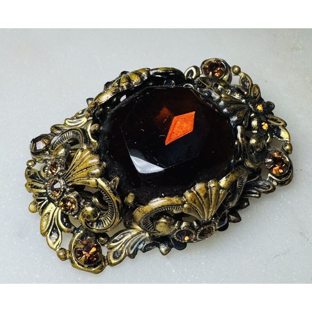 Vintage Singed West Germany Root beer Amber Brown Glass Gold Filigree Brooch